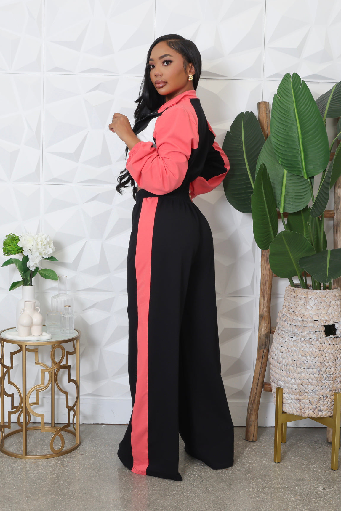 Long-sleeved Turtleneck Color-blocked Short Jacket and Wide-leg Pants Tracksuit