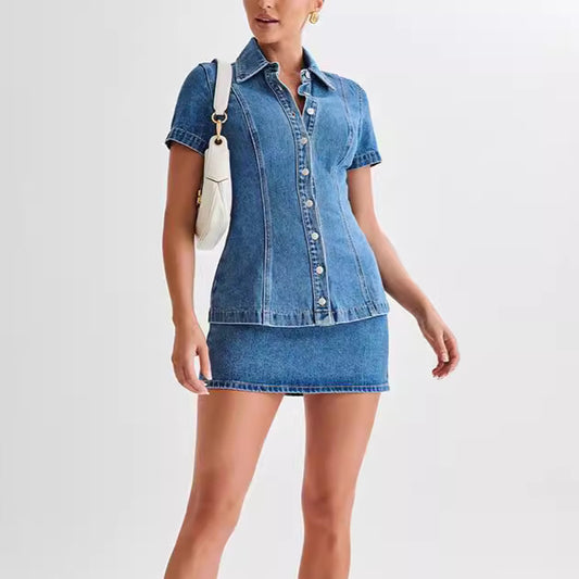 Modern Style Denim Short Sleeve Button High Waist Skirt Suit