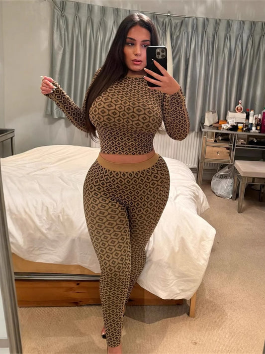 Fashion Printed Elastic Long Sleeve Round Neck Top Pants Set