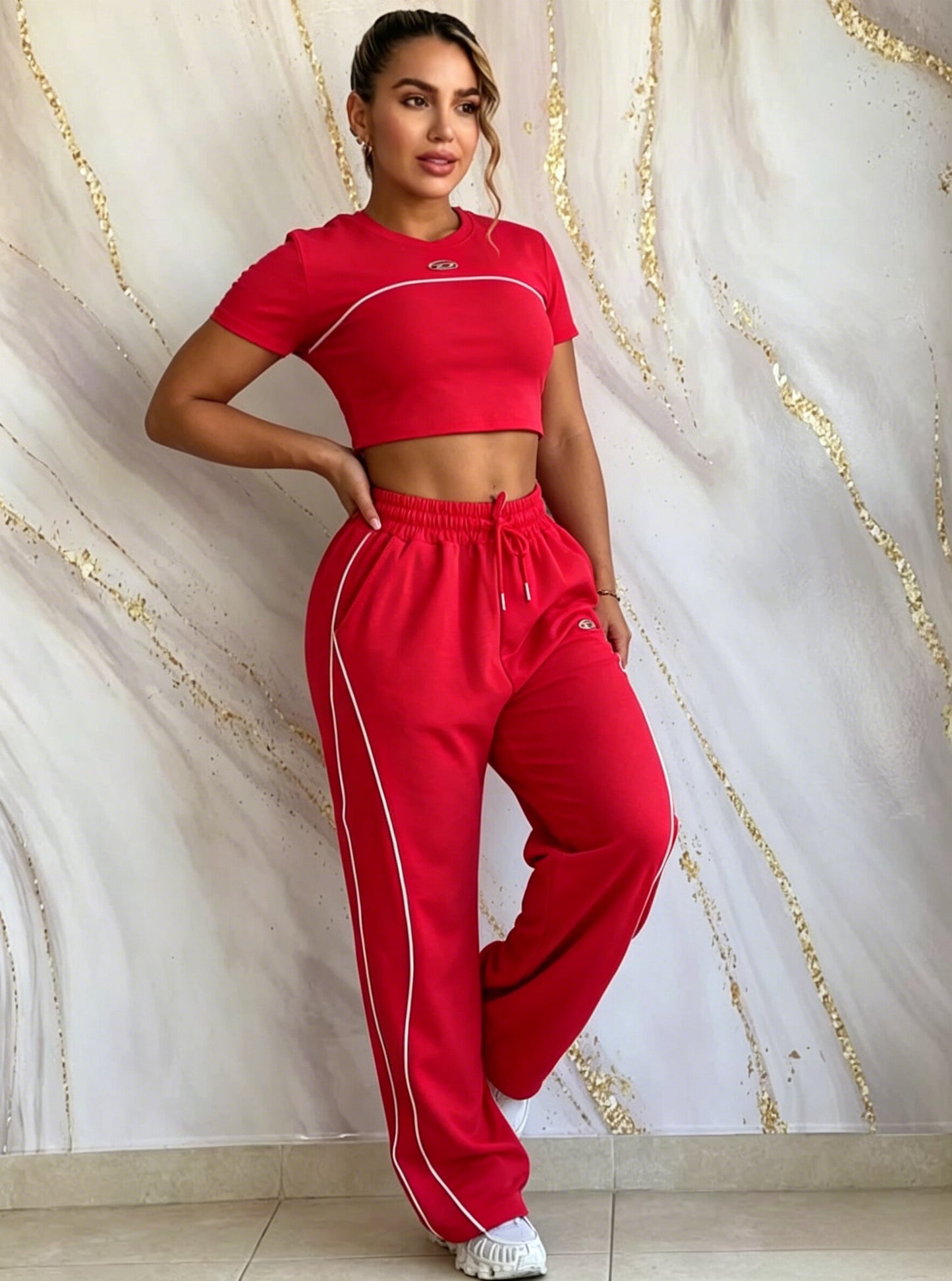 Stylish Short-sleeved Top and High-waisted Wide-leg Pants Sports Casual Set