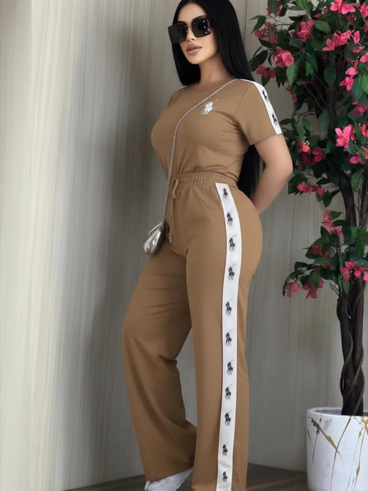 Round Neck Embroidered Short-sleeved Wide-leg Trouser Casual Suit